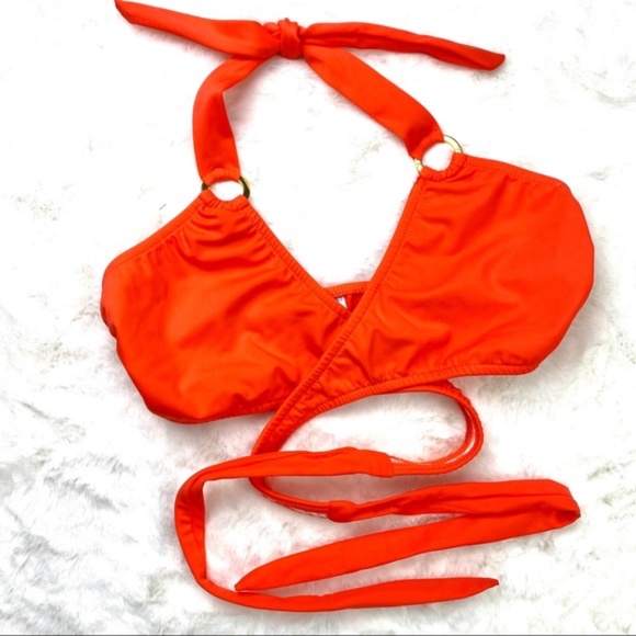 Venus Wrap halter bikini swim top Sz. C Solid Orange w. Gold tone Hardware NWOT - Picture 2 of 10